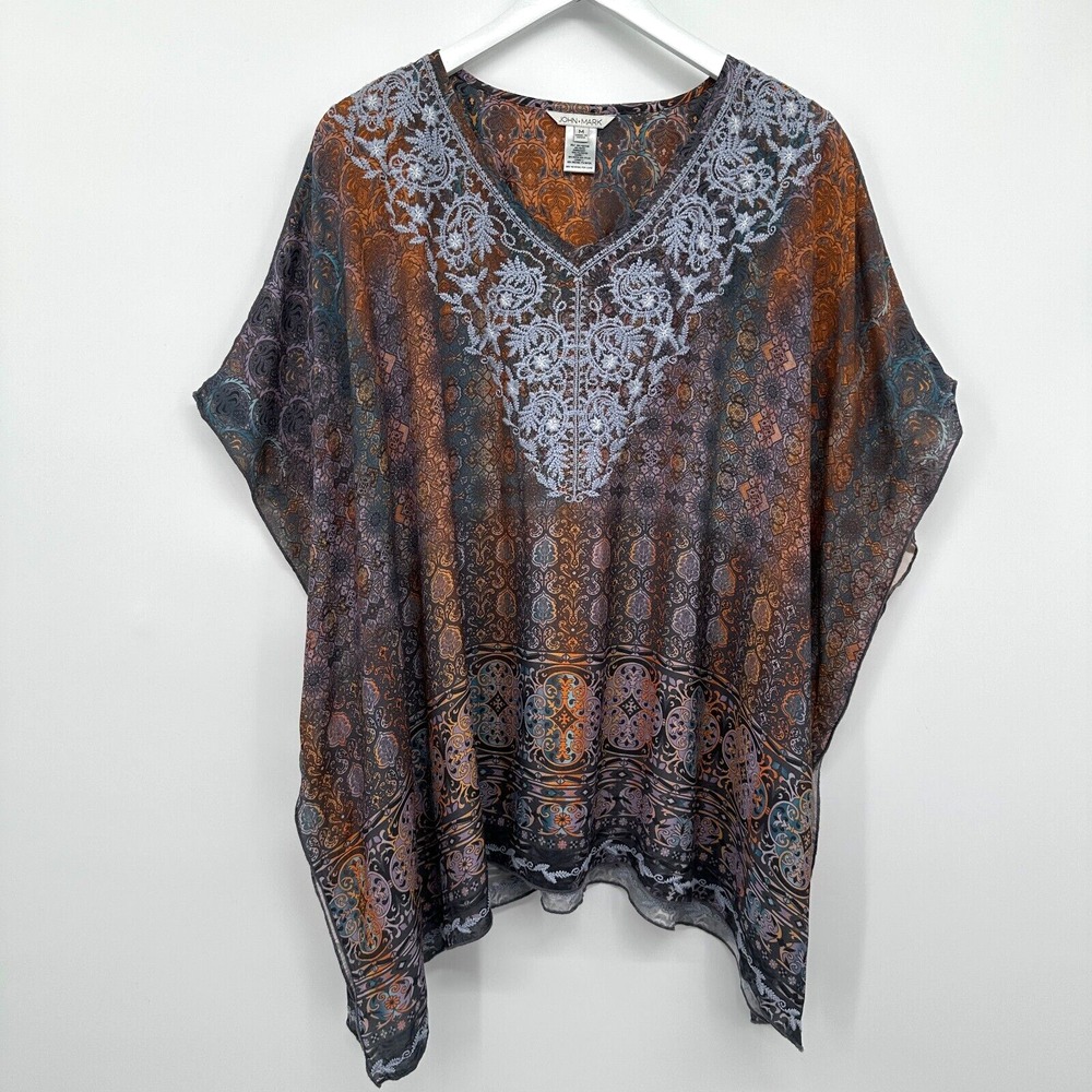 John Mark Poncho Tunic Top Shirt Blouse Size Medium Embroidered Velvet Burnout